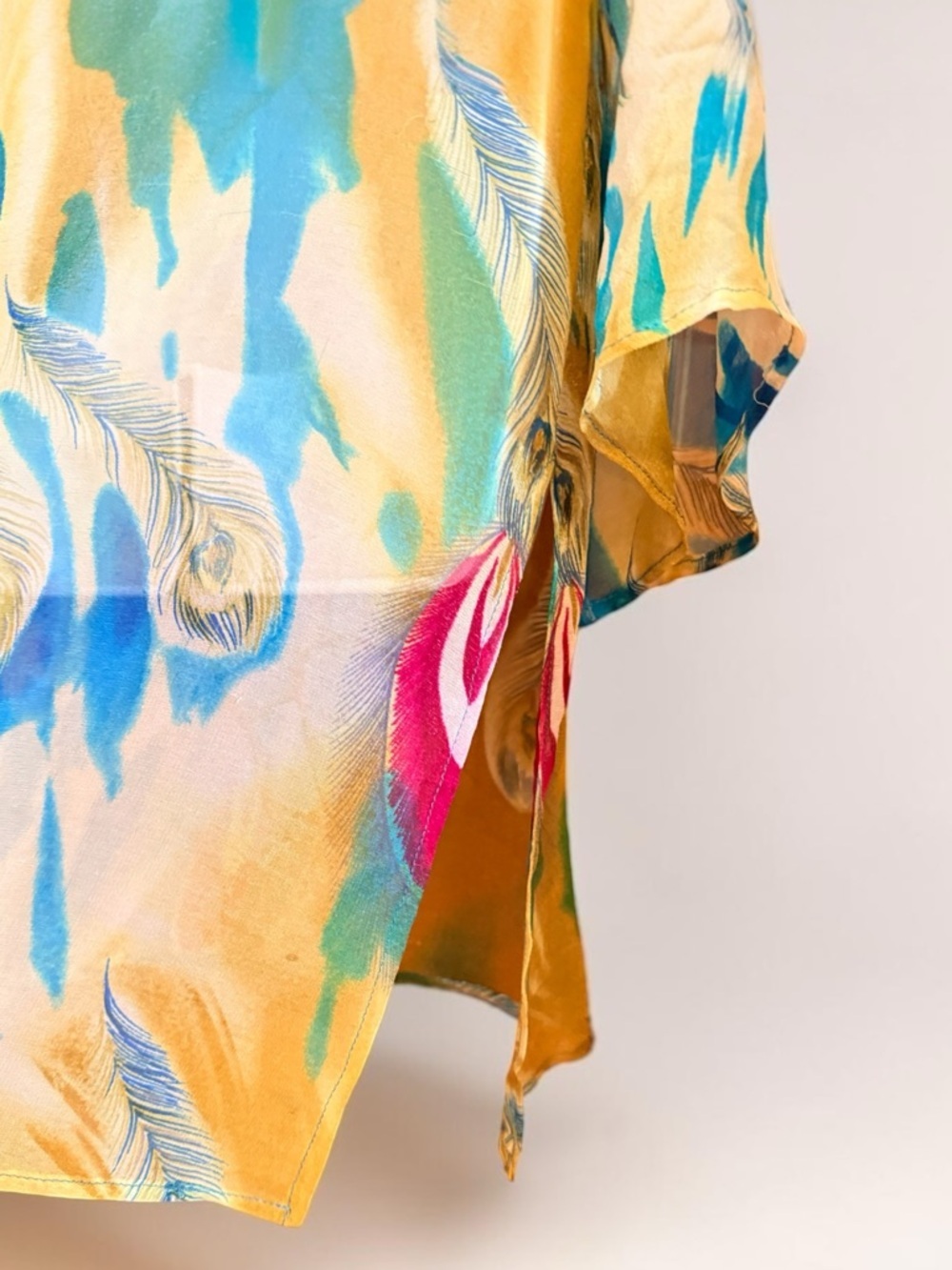 Vintage Anis A 100% Silk Tunic Dress L Beaded Feather Print Boho Resort Luxe - Picture 7 of 14